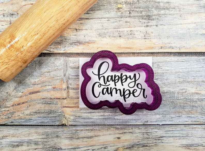 Happy Camper Hand Lettered Cookie Cutter and Fondant Cutter and Clay Cutter,
                      cookie stencil, stencil, baby stencil, letter stencils, stencil designs, custom stencils, pacifier cookie cutter, lion cookie cutter, trolley cookie cutter, emoji cutters, tool cookie cutters, cookie plunger, sugarbelle halloween cookie cutters, hockey cookie cutters,
                      